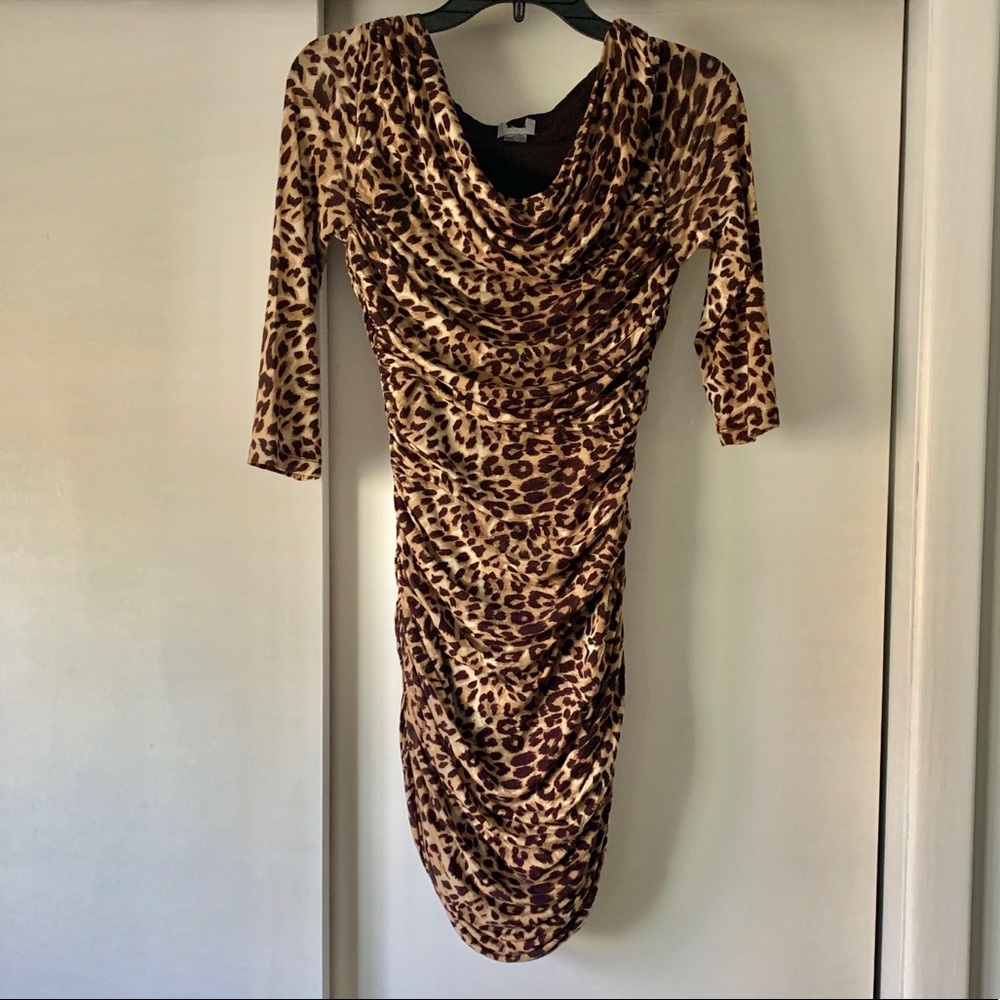 Mango Leopard Print Ruched Mesh Bodycon Mini Dress